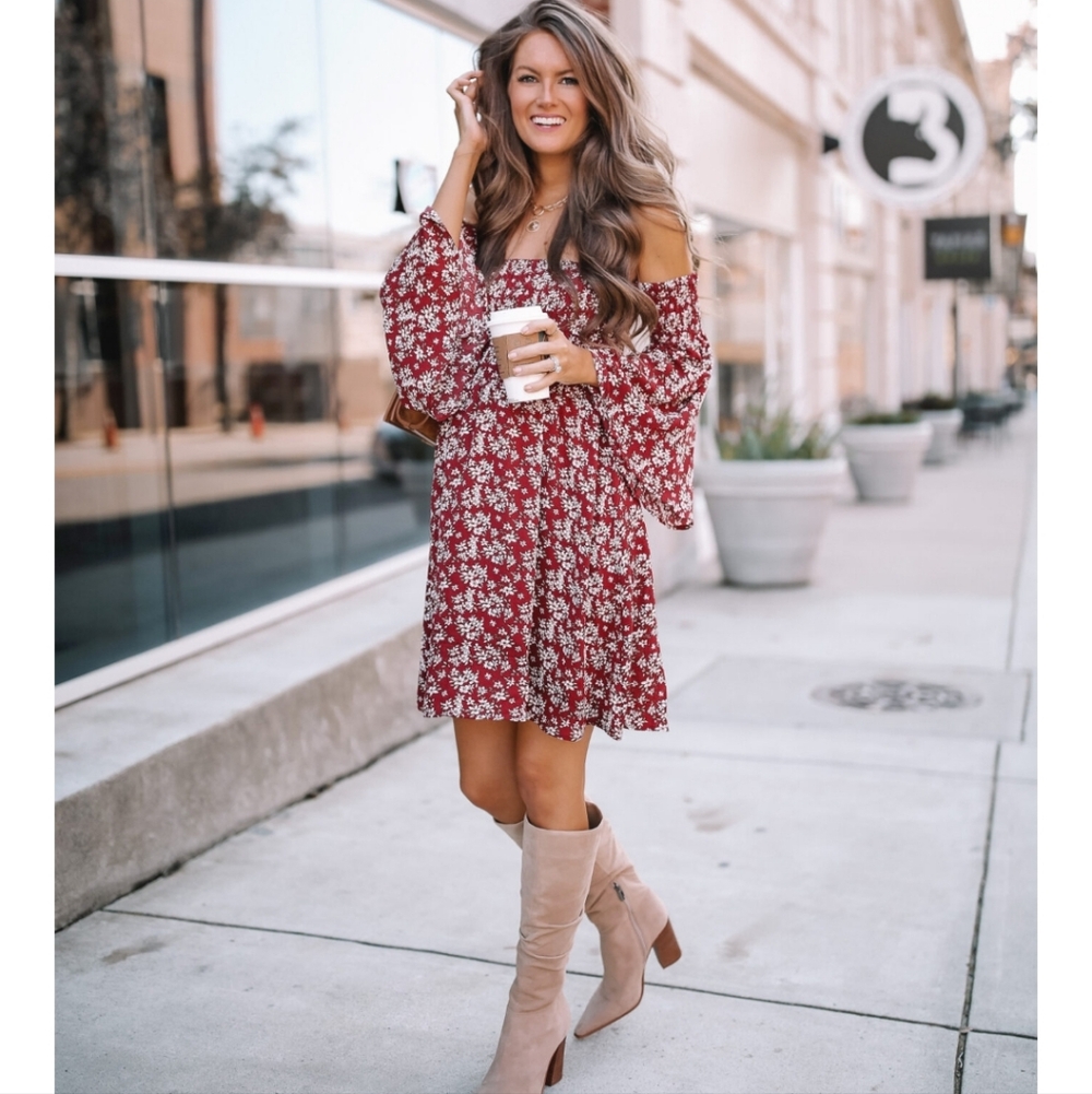 Amazon Burgundy Floral Off The Shoulder Dress Smocked Top Small